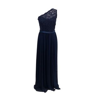 David’s Bridal Size 12 one shoulder lace top maxi gown dark blue evening formal